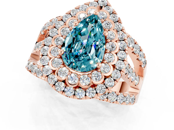 Rose gold Double Halo Pear Cut Diamond Split Shank Pave Set Ring