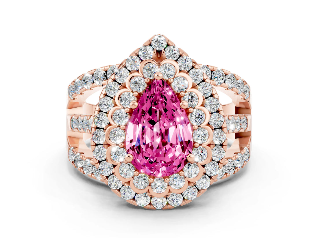 Rose gold Double Halo Pear Cut Diamond Split Shank Pave Set Ring