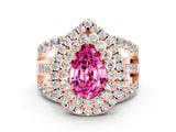 Rose gold Double Halo Pear Cut Diamond Split Shank Pave Set Ring