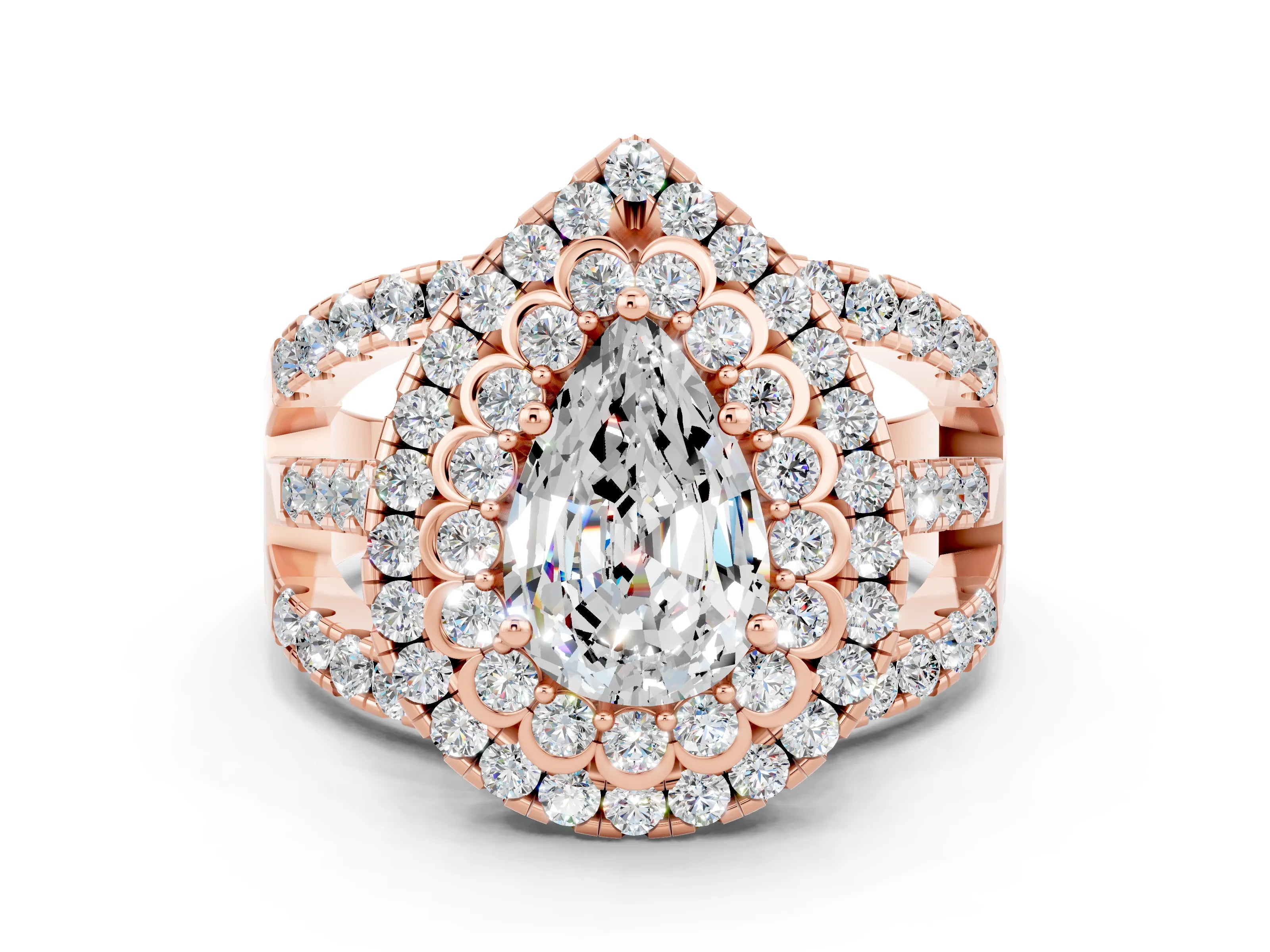 Rose gold Double Halo Pear Cut Diamond Split Shank Pave Set Ring