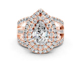 Rose gold Double Halo Pear Cut Diamond Split Shank Pave Set Ring