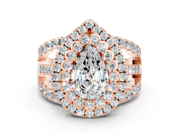 Rose gold Pear Cut Moissanite Double Halo Ring with Round Pavé Split Shank and Prong Setting