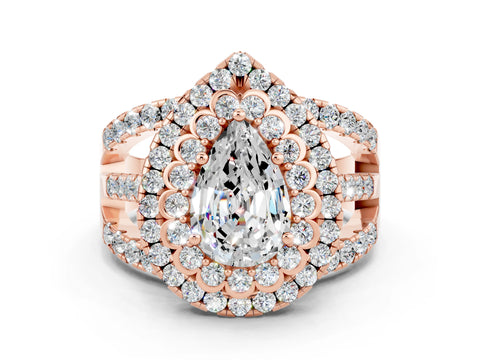 Rose gold Double Halo Pear Cut Diamond Split Shank Pave Set Ring