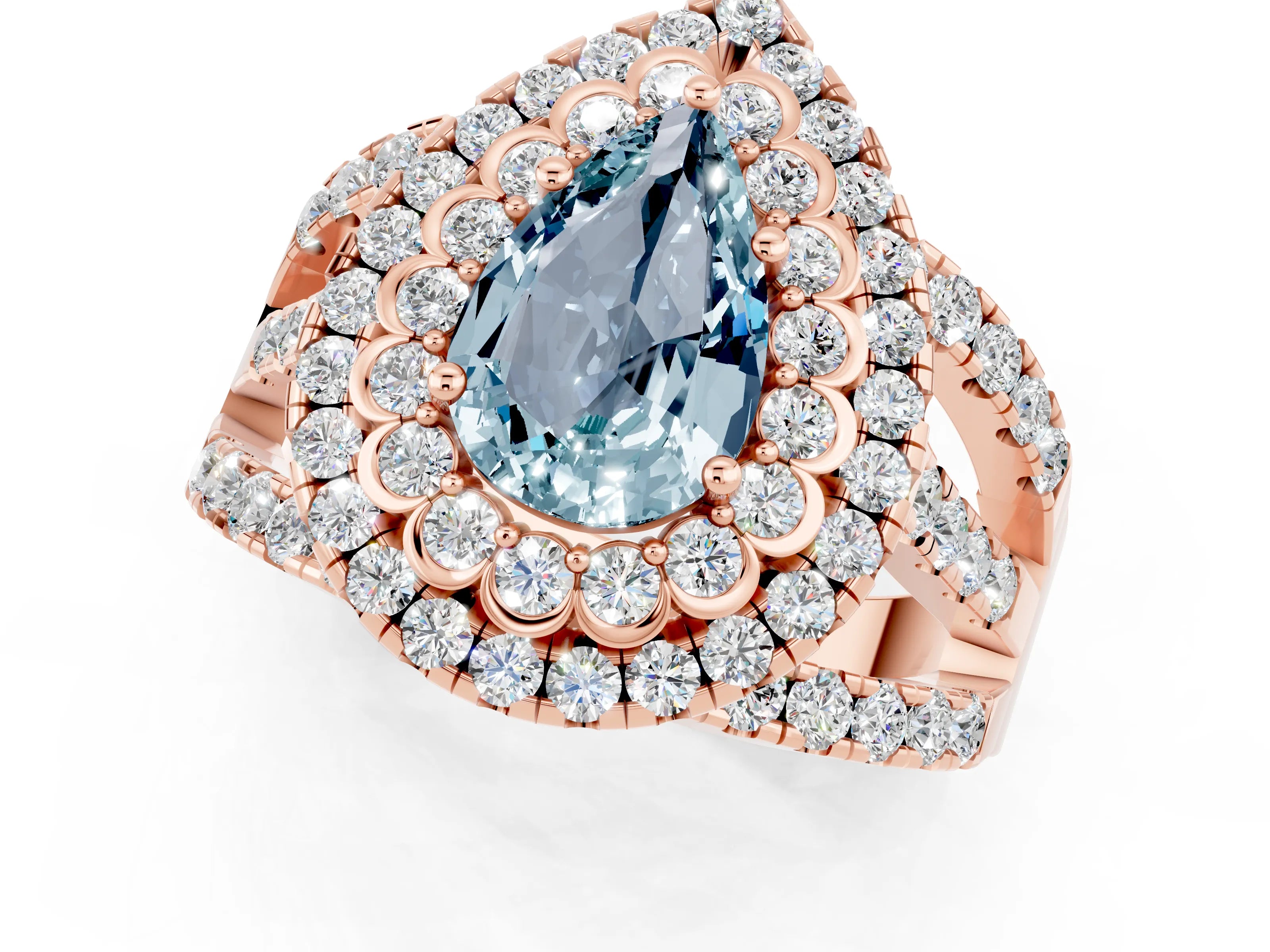 Rose gold Double Halo Pear Cut Diamond Split Shank Pave Set Ring_1