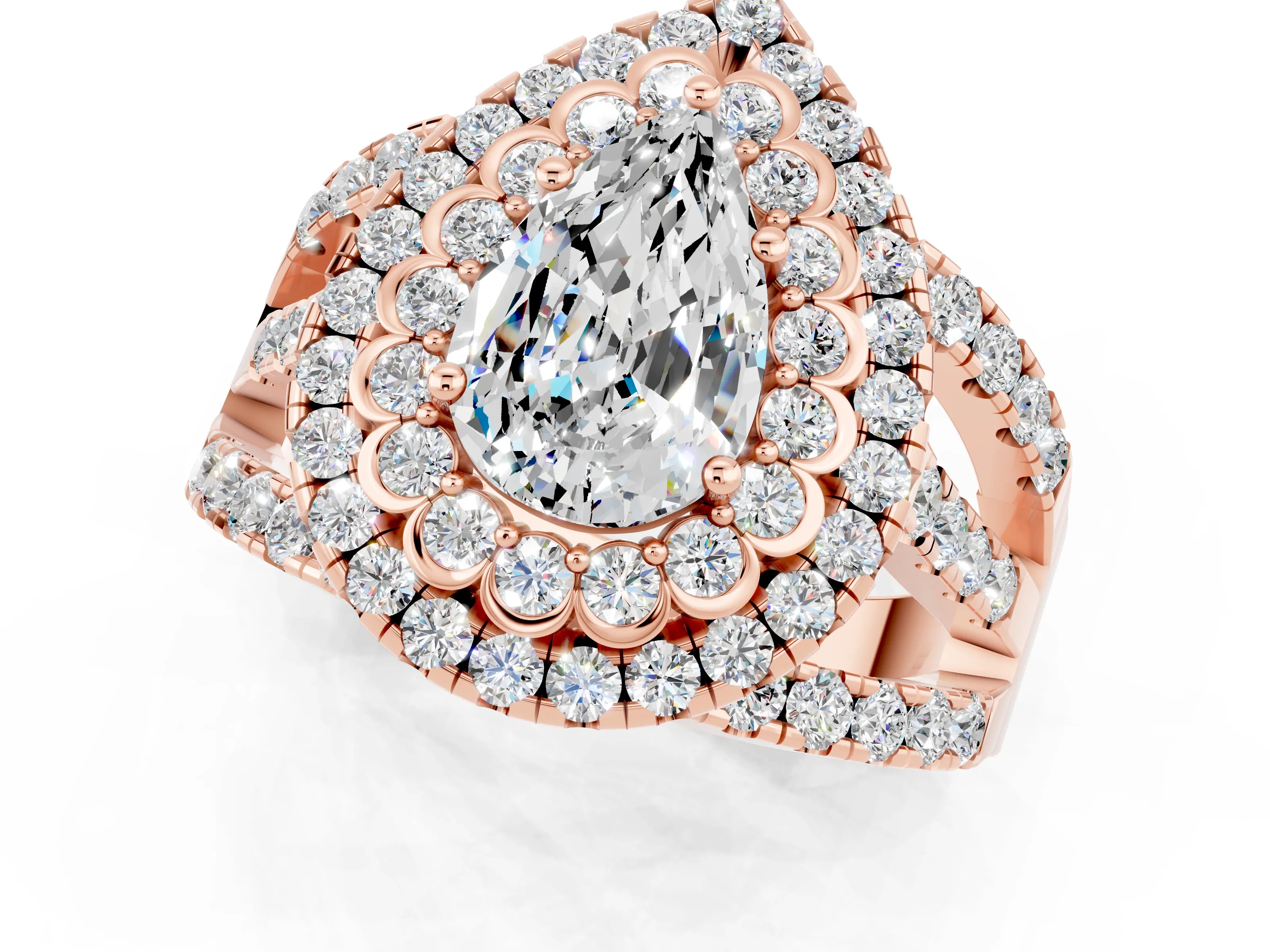 Rose gold Double Halo Pear Cut Diamond Split Shank Pave Set Ring_1
