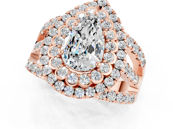 Rose gold Pear Cut Moissanite Double Halo Ring with Round Pavé Split Shank and Prong Setting