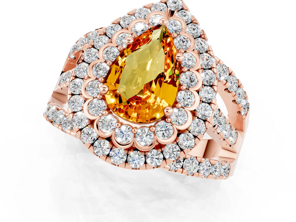 Rose gold Pear Cut Citrine Double Halo Ring with Round Pavé Split Shank and Prong Setting