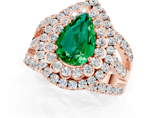 Rose gold Pear Cut Emerald Double Halo Ring with Round Pavé Split Shank and Prong Setting