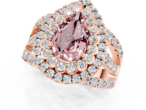 Rose gold Double Halo Pear Cut Diamond Split Shank Pave Set Ring