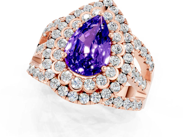 Rose gold Pear Cut Tanzanite Double Halo Ring with Round Pavé Split Shank and Prong Setting