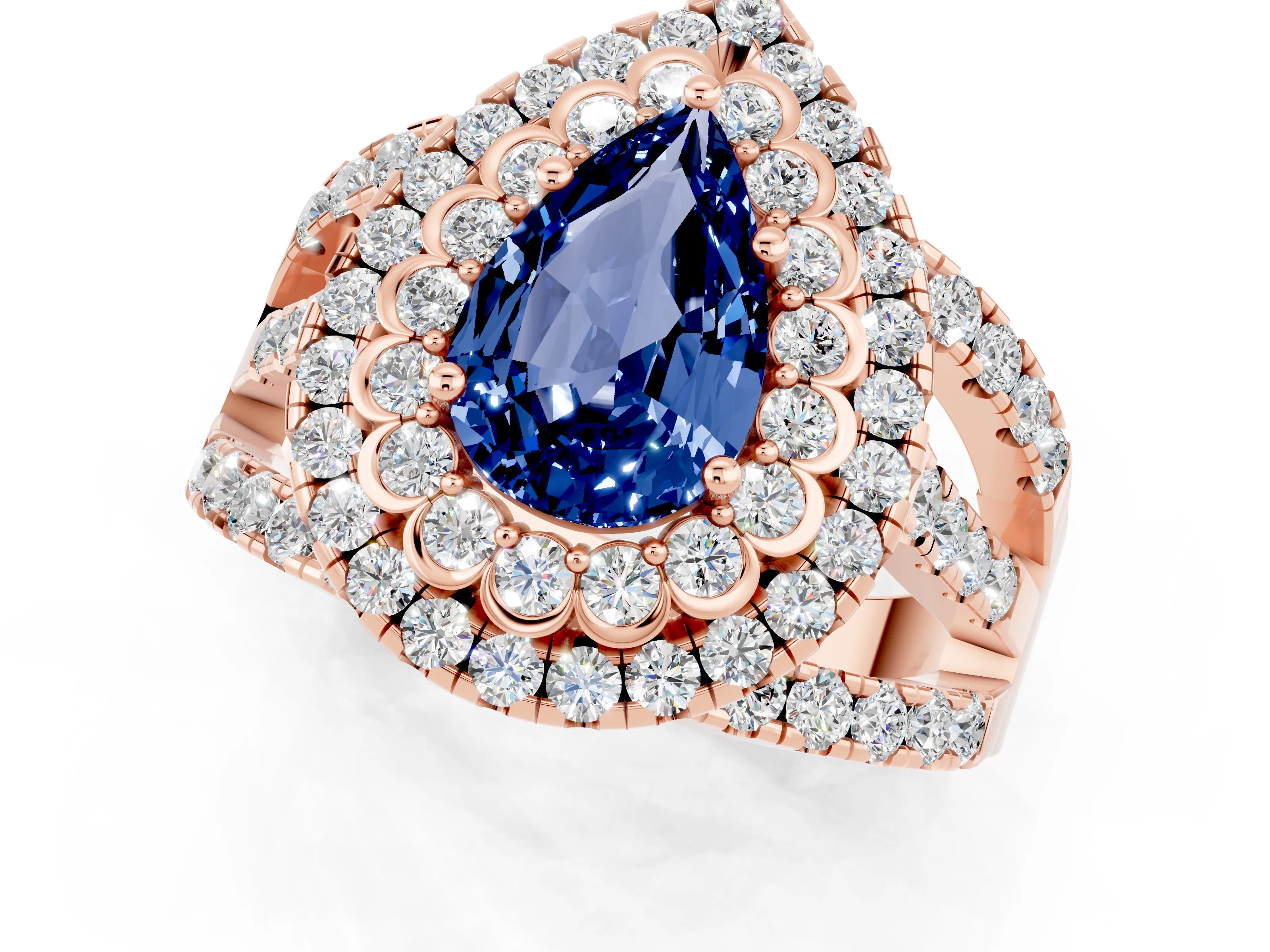 Rose gold Double Halo Pear Cut Diamond Split Shank Pave Set Ring_1