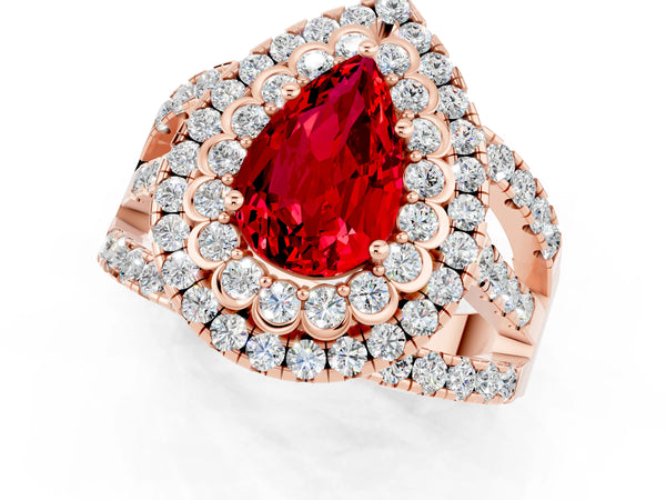 Rose gold Double Halo Pear Cut Diamond Split Shank Pave Set Ring