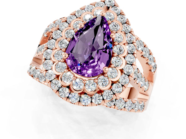 Rose gold Pear Cut Amethyst Double Halo Ring with Round Pavé Split Shank and Prong Setting