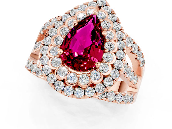Rose gold Pear Cut Garnet Double Halo Ring with Round Pavé Split Shank and Prong Setting