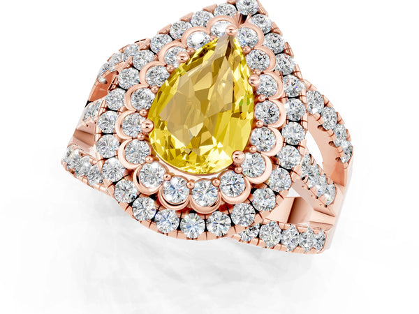 Rose gold Pear Cut Yellow Sapphire Double Halo Ring with Round Pavé Split Shank and Prong Setting