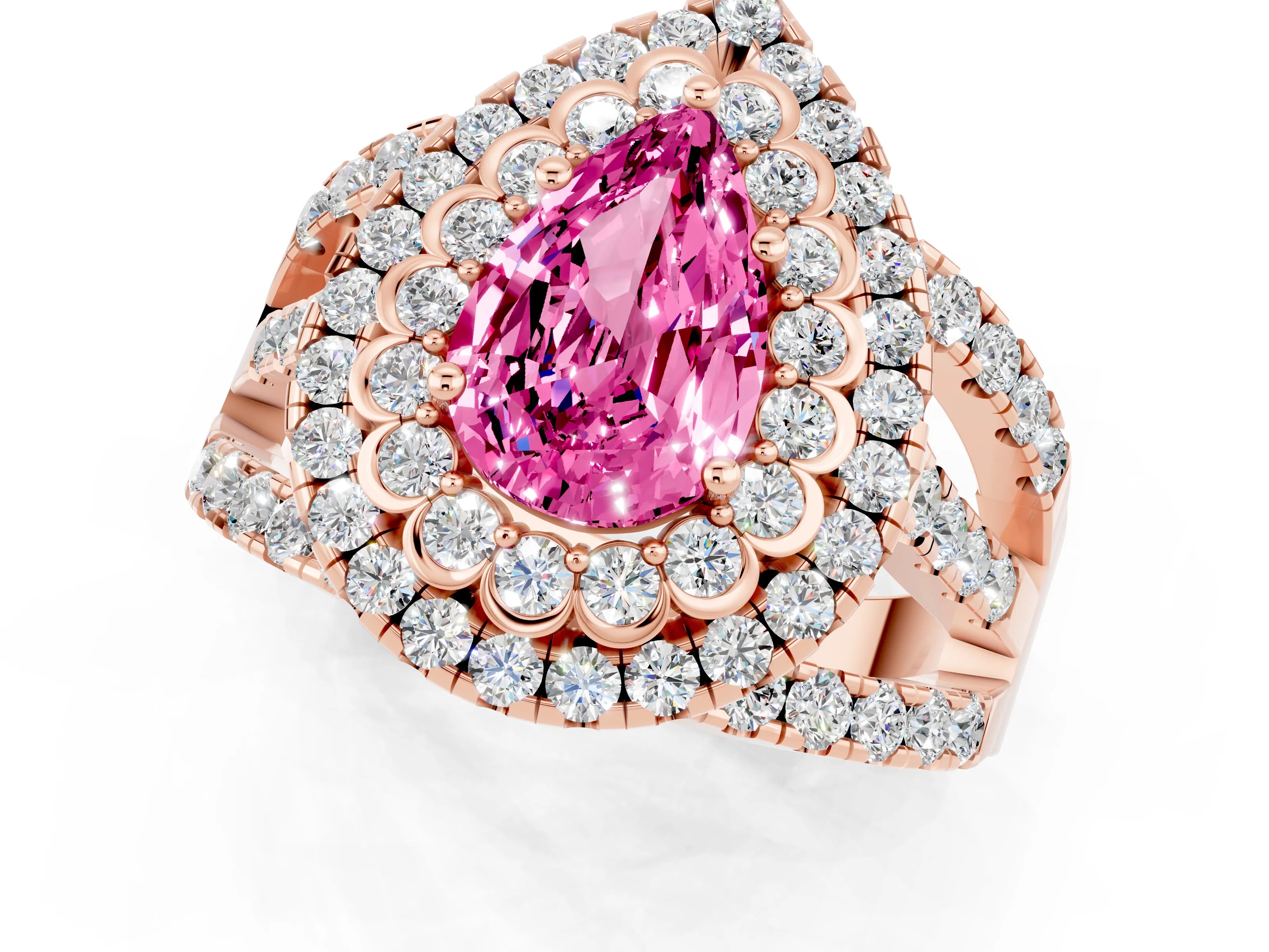 Rose gold Double Halo Pear Cut Diamond Split Shank Pave Set Ring_1