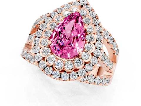 Rose gold Double Halo Pear Cut Diamond Split Shank Pave Set Ring_1