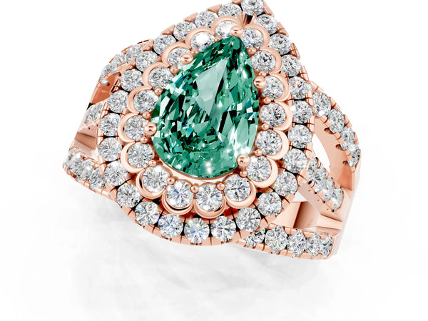 Rose gold Pear Cut Green Sapphire Double Halo Ring with Round Pavé Split Shank and Prong Setting
