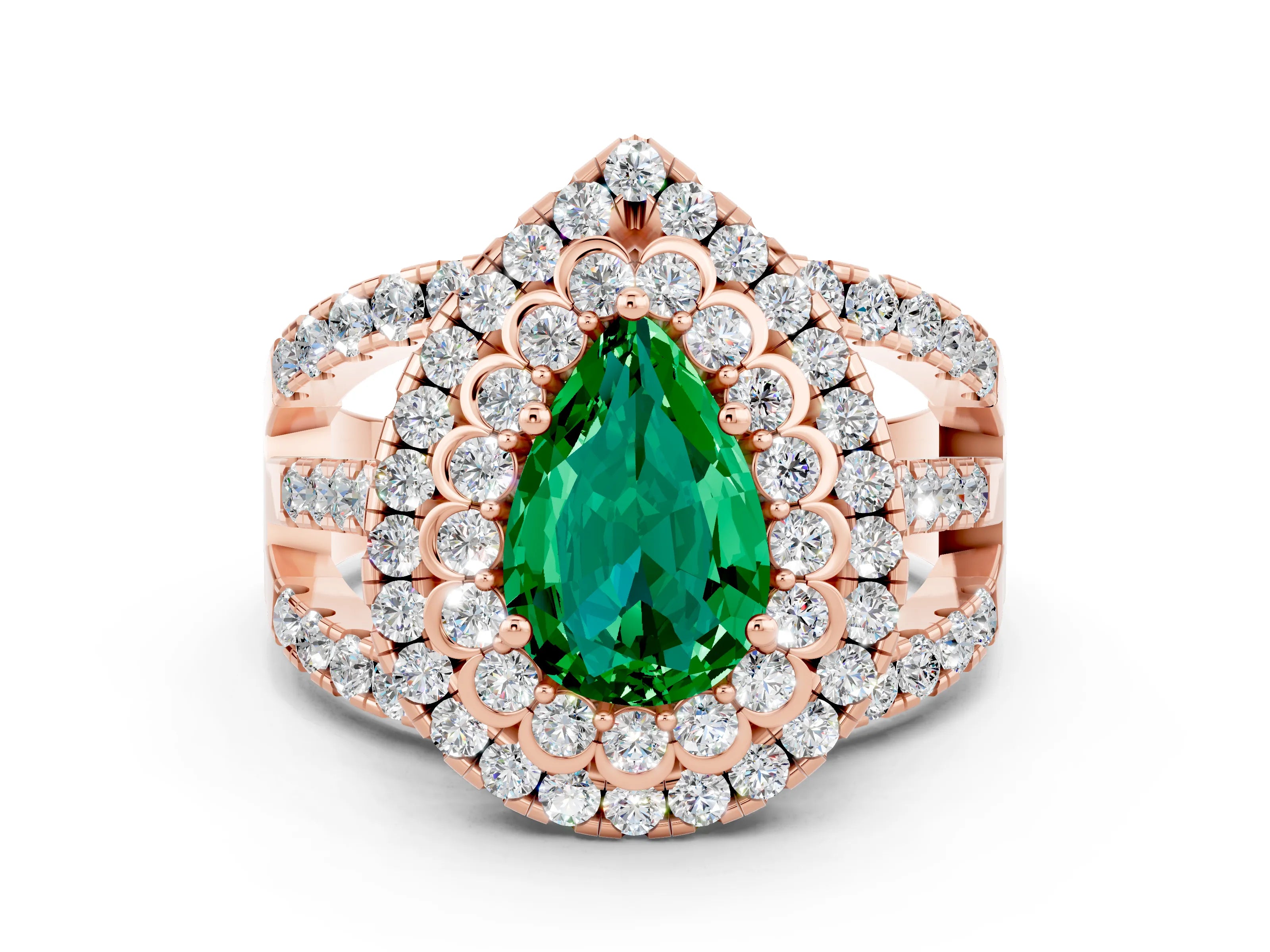 Rose gold Double Halo Pear Cut Diamond Split Shank Pave Set Ring