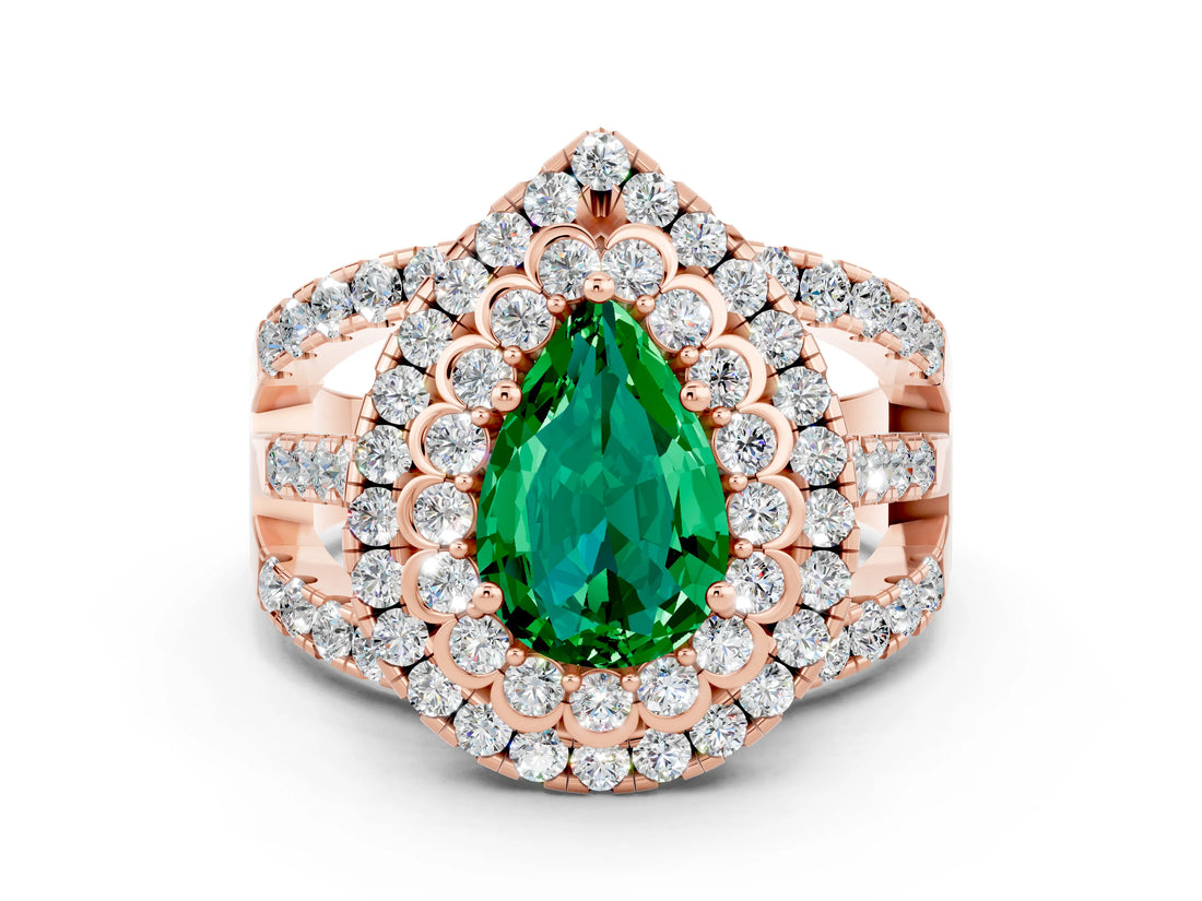 Rose gold Double Halo Pear Cut Diamond Split Shank Pave Set Ring