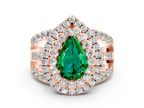 Rose gold Pear Cut Emerald Double Halo Ring with Round Pavé Split Shank and Prong Setting
