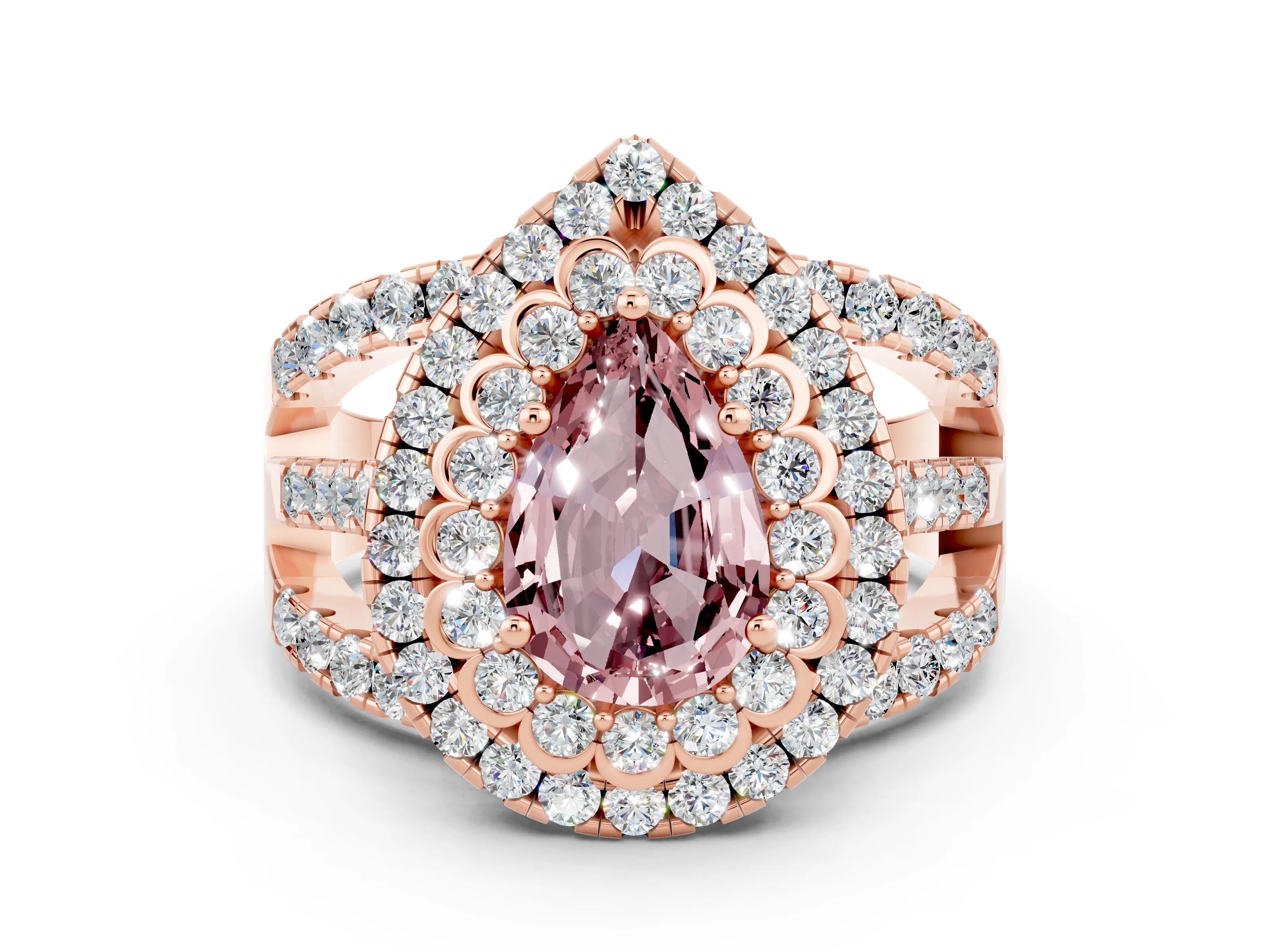 Rose gold Double Halo Pear Cut Diamond Split Shank Pave Set Ring