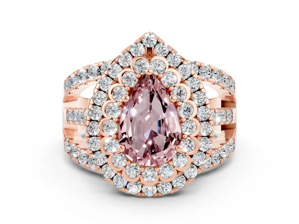 Rose gold Double Halo Pear Cut Diamond Split Shank Pave Set Ring