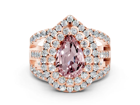 Rose gold Double Halo Pear Cut Diamond Split Shank Pave Set Ring