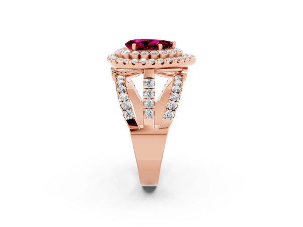 Rose gold Pear Cut Garnet Double Halo Ring with Round Pavé Split Shank and Prong Setting