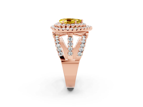 Rose gold Pear Cut Yellow Sapphire Double Halo Ring with Round Pavé Split Shank and Prong Setting