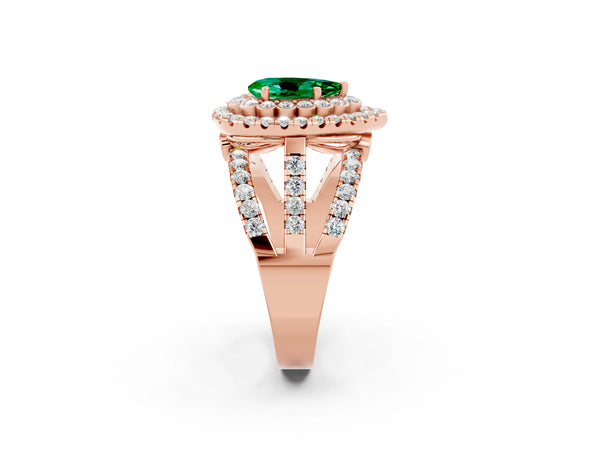 Rose gold Pear Cut Emerald Double Halo Ring with Round Pavé Split Shank and Prong Setting