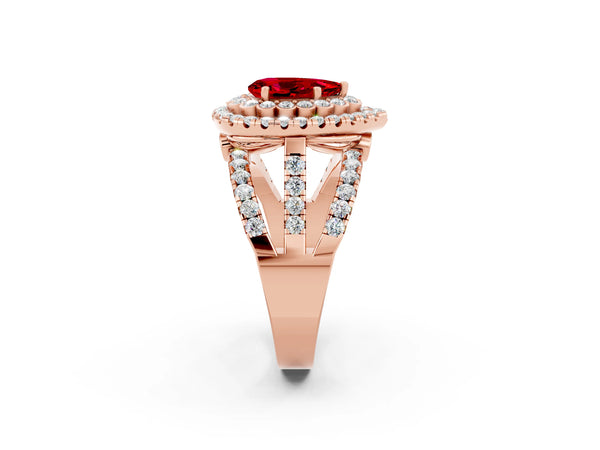 Rose gold Double Halo Pear Cut Diamond Split Shank Pave Set Ring