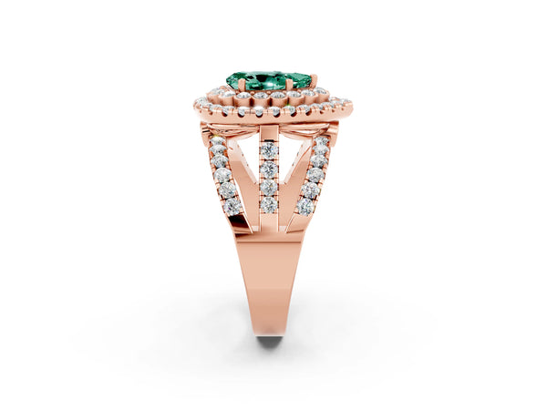 Rose gold Pear Cut Green Sapphire Double Halo Ring with Round Pavé Split Shank and Prong Setting
