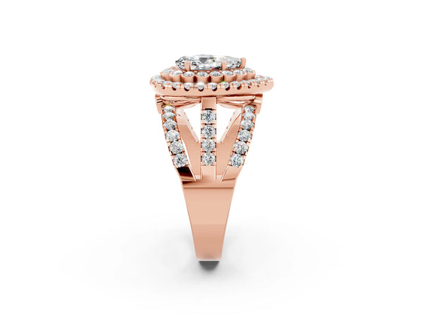 Rose gold Pear Cut Moissanite Double Halo Ring with Round Pavé Split Shank and Prong Setting