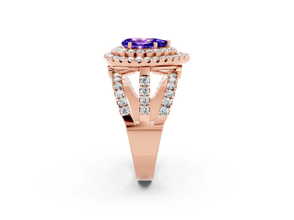 Rose gold Pear Cut Tanzanite Double Halo Ring with Round Pavé Split Shank and Prong Setting
