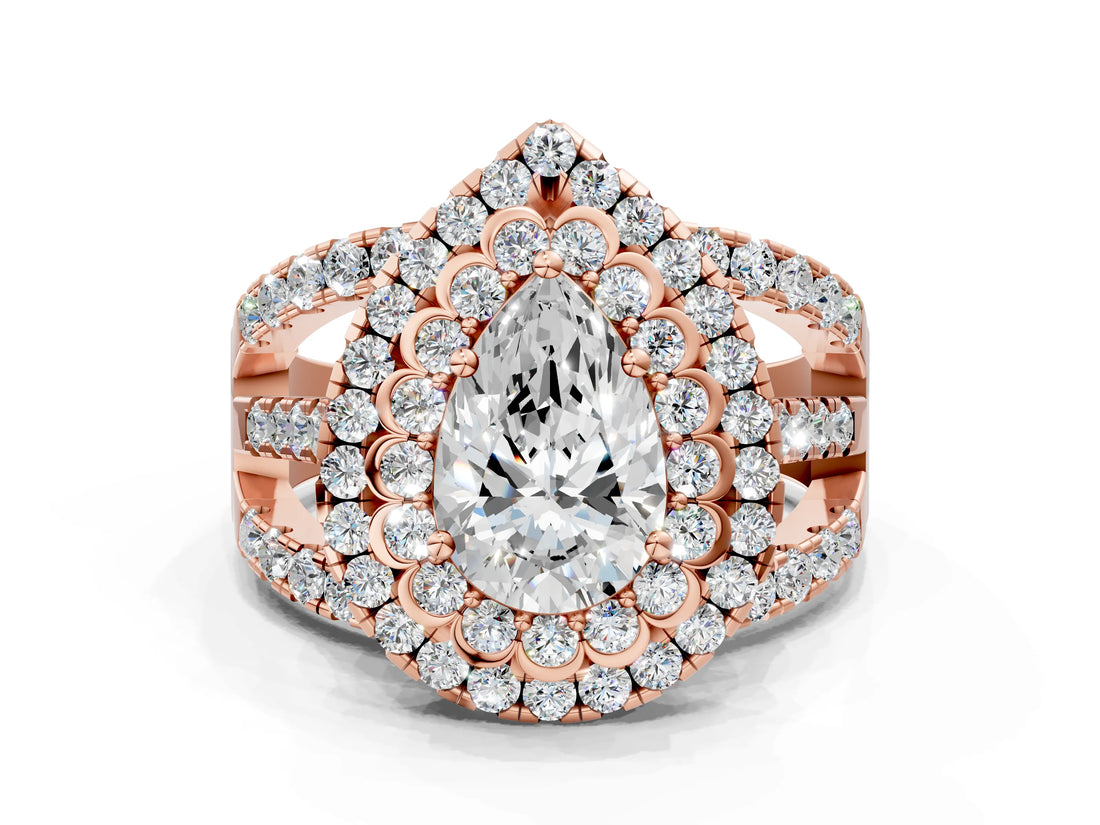 Rose gold Double Halo Pear Cut Diamond Split Shank Pave Set Ring_3