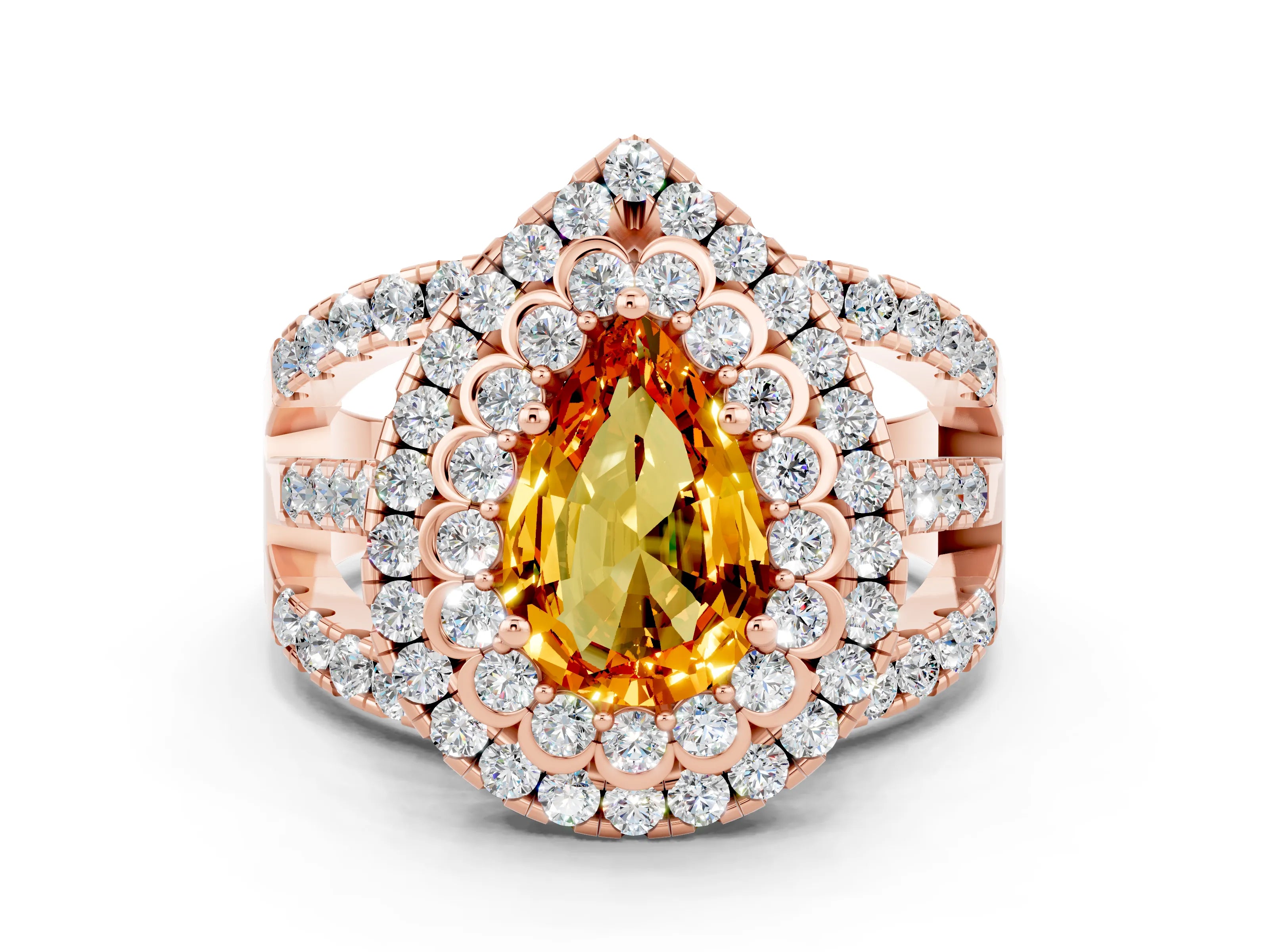 Rose gold Double Halo Pear Cut Diamond Split Shank Pave Set Ring