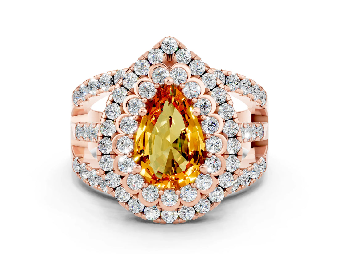 Rose gold Double Halo Pear Cut Diamond Split Shank Pave Set Ring