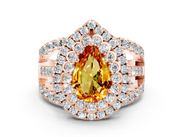Rose gold Pear Cut Citrine Double Halo Ring with Round Pavé Split Shank and Prong Setting