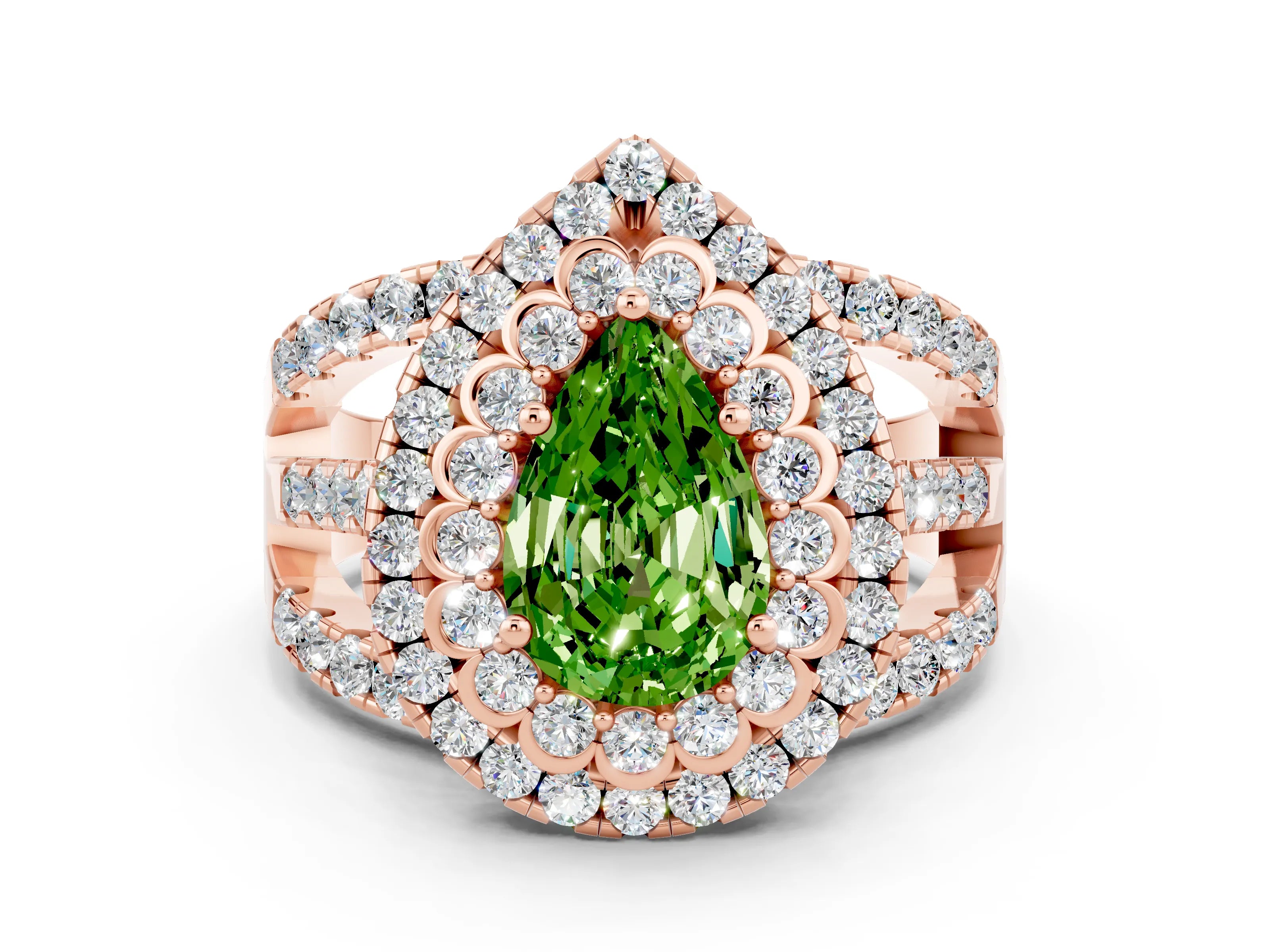 Rose gold Double Halo Pear Cut Diamond Split Shank Pave Set Ring