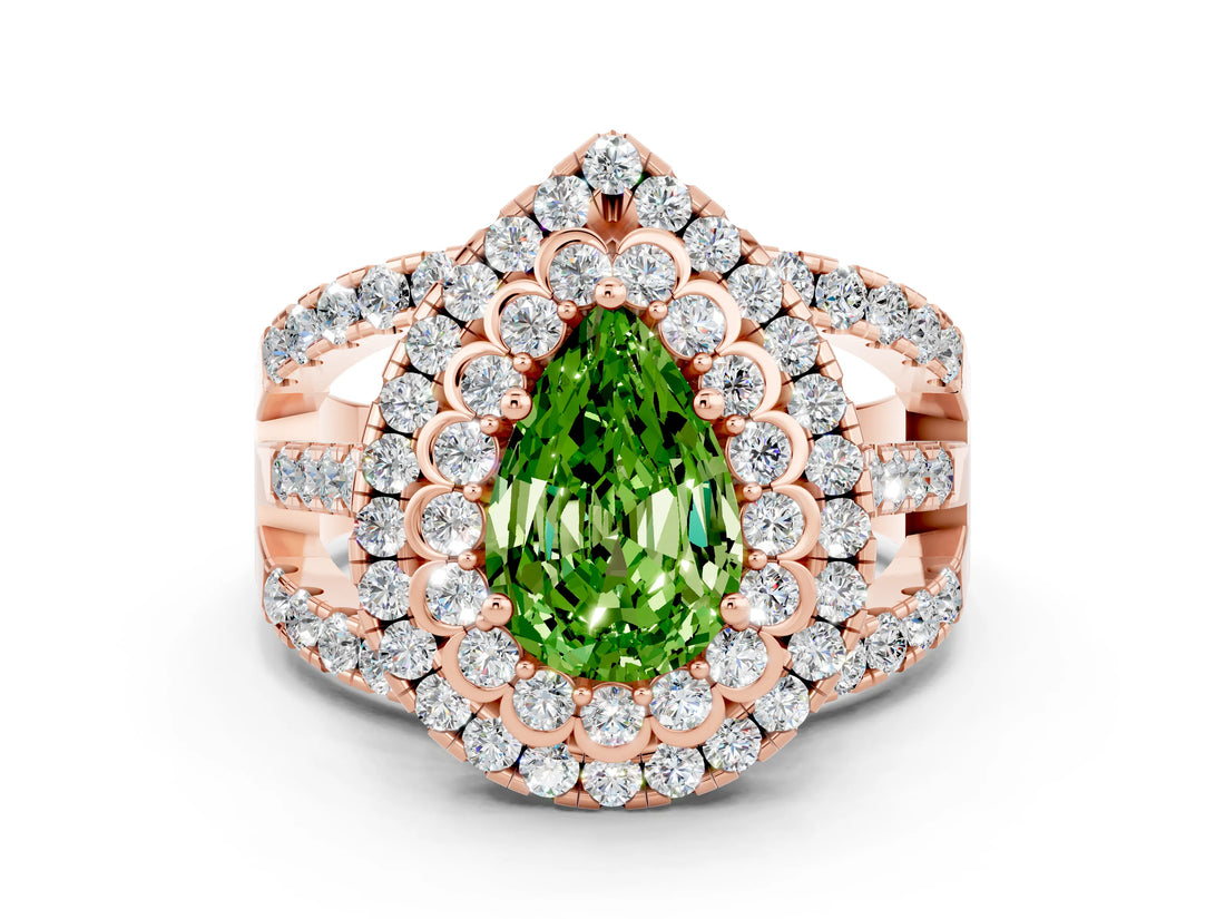 Rose gold Double Halo Pear Cut Diamond Split Shank Pave Set Ring