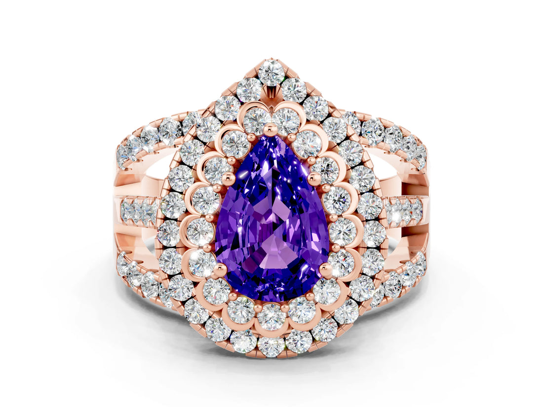 Rose gold Double Halo Pear Cut Diamond Split Shank Pave Set Ring
