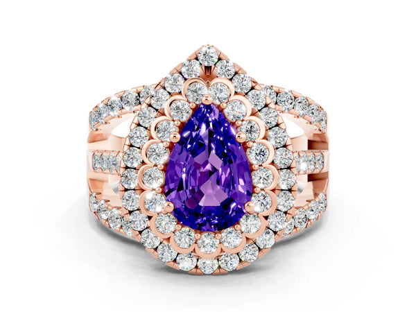 Rose gold Pear Cut Tanzanite Double Halo Ring with Round Pavé Split Shank and Prong Setting