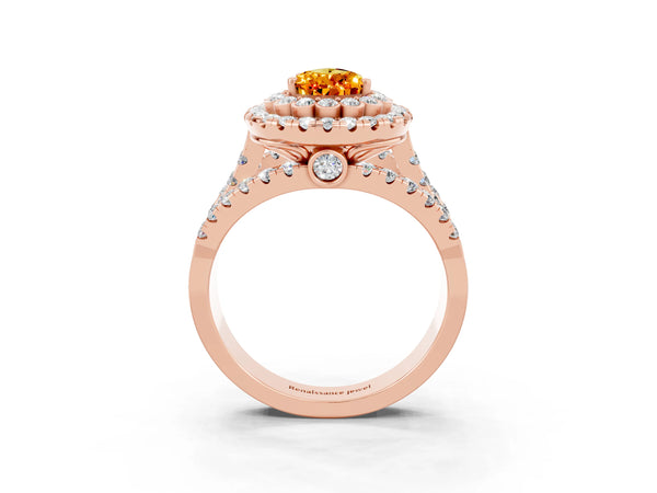Rose gold Pear Cut Citrine Double Halo Ring with Round Pavé Split Shank and Prong Setting