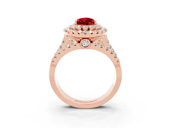 Rose gold Double Halo Pear Cut Diamond Split Shank Pave Set Ring