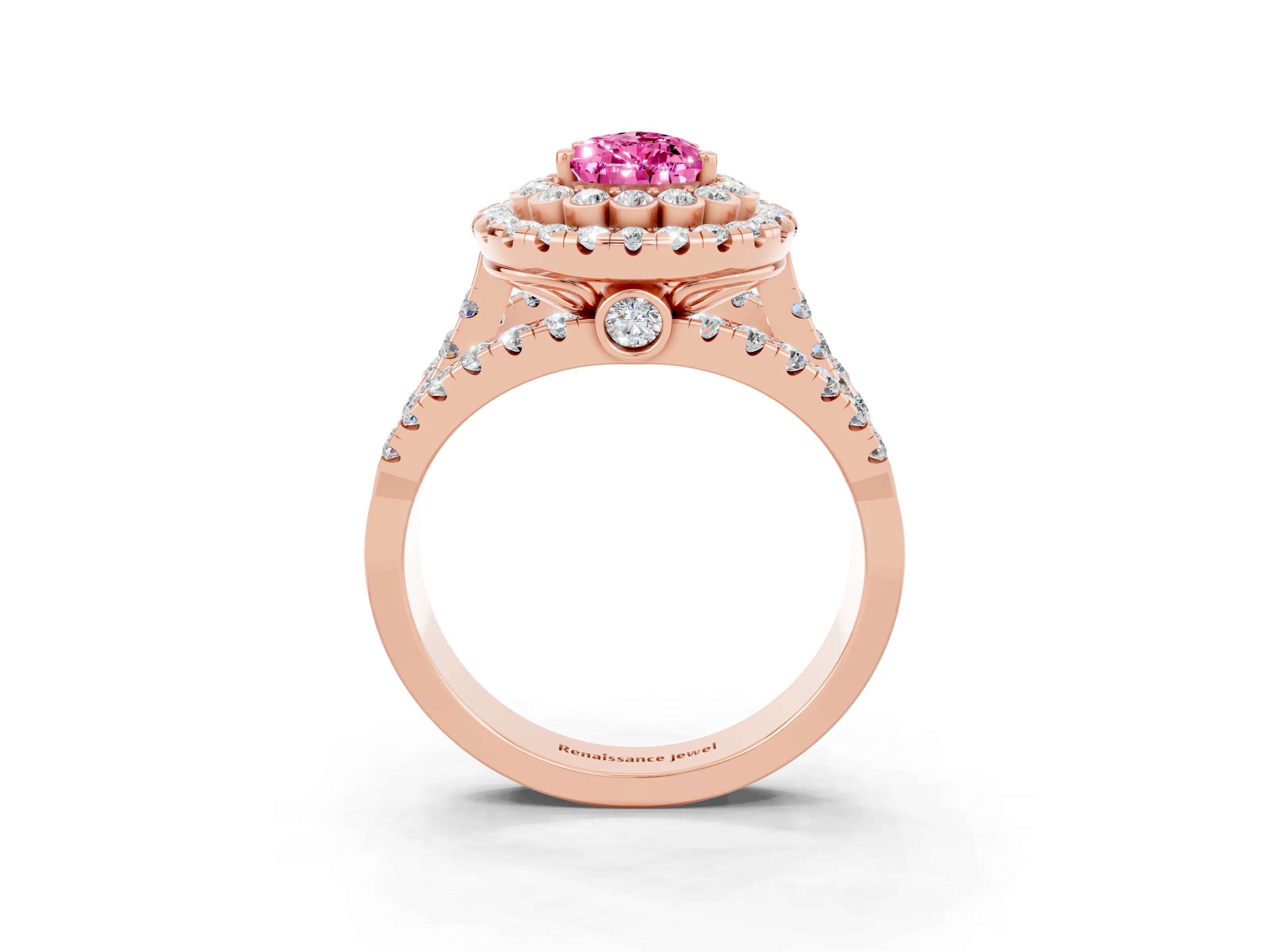 Rose gold Double Halo Pear Cut Diamond Split Shank Pave Set Ring_3