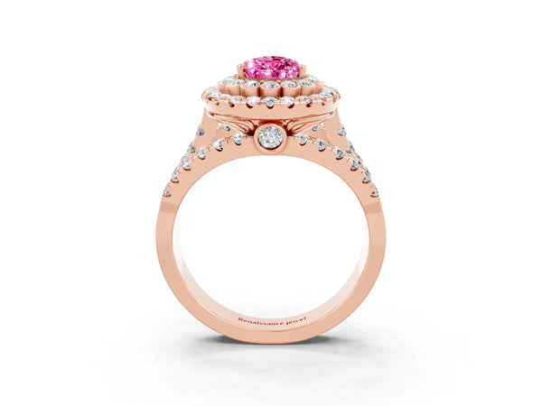 Rose Gold Pear-Shaped Lab-Grown Pink Sapphire Double Halo Engagement Ring with Split Shank