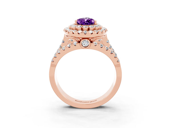 Rose gold Pear Cut Amethyst Double Halo Ring with Round Pavé Split Shank and Prong Setting