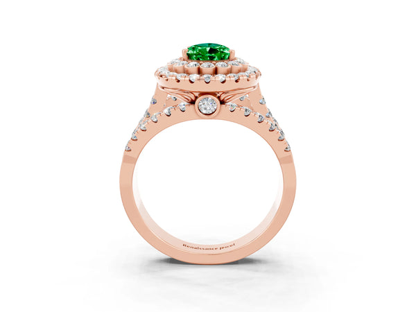 Rose gold Pear Cut Emerald Double Halo Ring with Round Pavé Split Shank and Prong Setting