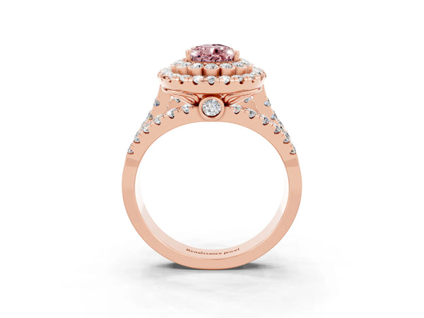 Rose gold Double Halo Pear Cut Diamond Split Shank Pave Set Ring